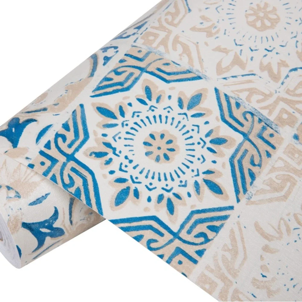 Elegant Blue and Beige Patterned Wallpaper Set Of 3